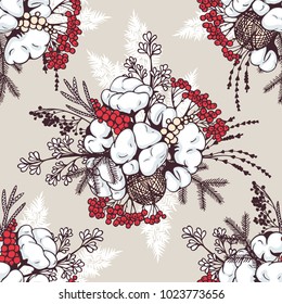 Seamless pattern with hand drawn cotton and rowan berry bouquets. Winter background. Vector illustration