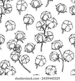 Seamless pattern with hand drawn cotton plant in engraving style isolated on white. Line drawing