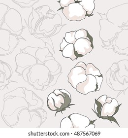 Seamless pattern with hand drawn cotton flowers, vector illustration