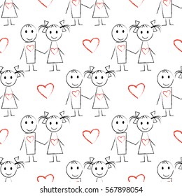 Seamless pattern with hand drawn couple with red hearts. Valentine's day concept. Cute couple in love