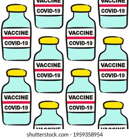 Seamless pattern with hand drawn covid-19 vaccine vials. No Infection and Stop Coronavirus Concepts. Vector illustration On the theme of medicine, science, microbiology, chemistry, pharmacy.
