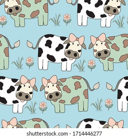 seamless pattern of hand drawn cow in multicolor on light blue background