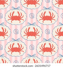 Seamless pattern with hand drawn crab in ribbon frame with bow. Mediterranean elegant background. Marine vintage wallpaper with seafood, crawfish. Summer coastal ocean print. Vector illustration.