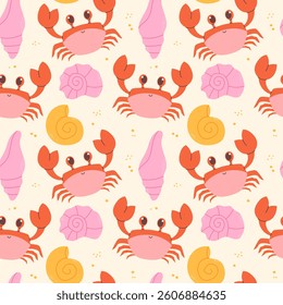 Seamless pattern with hand drawn crabs and shells
