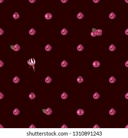 Seamless pattern with hand drawn cranberries on dark background. Polka dot style ornament. Vector illustration