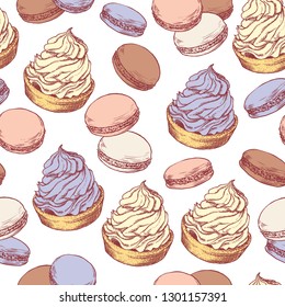 Seamless pattern with hand drawn creamy biscuit and french macaroons. Hand drawn vector illustration in vintage engraving style on white background. Sweet colorful dessert.