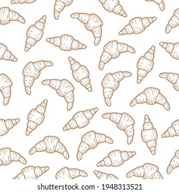 Nahtloses Muster mit handgezeichneten Croissants, Kanonen auf weißem Hintergrund. Doodle, einfache Umrissgrafik. Es kann für die Dekoration von Textilien, Papier und anderen Oberflächen verwendet werden.