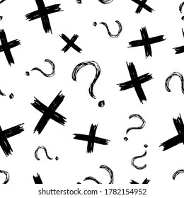 Seamless pattern with hand drawn cross and question mark symbols. Black sketch cross symbol on white background. Vector illustration