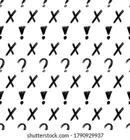 Seamless pattern with hand drawn cross, exclamation and question mark symbols. Black sketch check symbol on white background. Vector illustratio