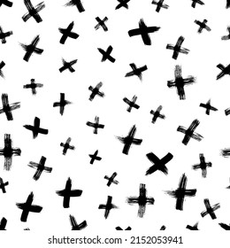 Seamless pattern with hand drawn cross symbols. Black sketch cross symbol on white background. Vector illustration