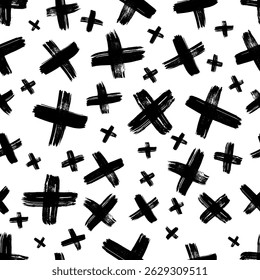 Seamless pattern with hand drawn cross symbols. Black sketch cross symbol on white background. Vector illustration