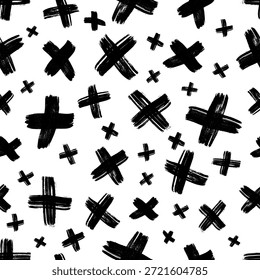 Seamless pattern with hand drawn cross symbols. Black sketch cross symbol on white background. Vector illustration