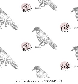 Seamless pattern, with hand drawn crow and seeds, ink sketch, quick doodle. Vector illustration, isolated on white background. Sample in file.