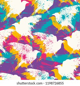 Seamless pattern, with hand drawn crow and seeds, ink sketch, quick doodle. Vector illustration, isolated on white background. Sample in file.