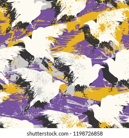 Seamless pattern, with hand drawn crow and seeds, ink sketch, quick doodle. Vector illustration, isolated on white background. Sample in file.