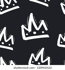 Seamless pattern with hand drawn crown on black background