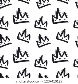 Seamless pattern with hand drawn crown on white background