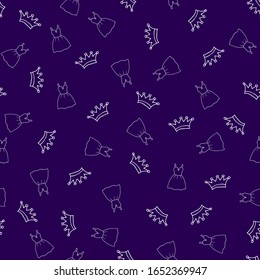 Seamless pattern with hand drawn crown and dress. Decorative doodle element for fabric and wrapping paper. Set beauty makeup for cute girls. Vector illustration isolated on a dark violet background.