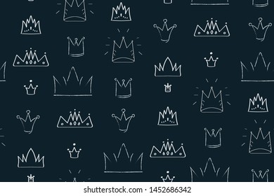 Seamless pattern with hand drawn crowns. Collection of icons diadem in Doodle style. Abstract line art. Tiara chalk drawing. Black and white (monochrome) illustration.