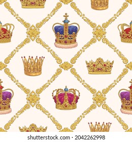 Seamless pattern with hand drawn crowns. Vector illustration