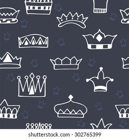 Seamless pattern with hand drawn crowns on dark background. Vector illustration