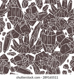 Seamless Pattern With Hand Drawn Crystals And Minerals. Trendy Hipster Grey Background With Geometric Gems