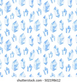 Seamless pattern with hand drawn crystals. Watercolor background.