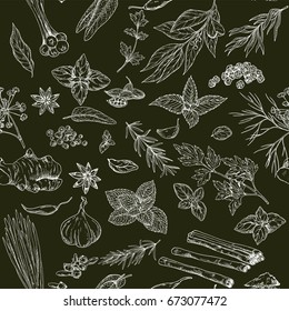 Seamless pattern with hand drawn culinary herbs and spices on black background, vector illustration