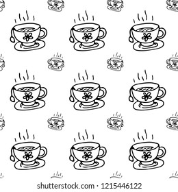 Seamless pattern hand drawn cup of tea. Doodle black sketch. Sign symbol. Decoration element. Isolated on white background. Flat design. Vector illustration.