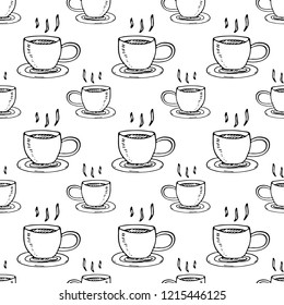 Seamless pattern hand drawn cup of coffee. Doodle black sketch. Sign symbol. Decoration element. Isolated on white background. Flat design. Vector illustration.