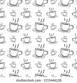 Seamless pattern hand drawn cup of coffee. Doodle black sketch. Sign symbol. Decoration element. Isolated on white background. Flat design. Vector illustration.