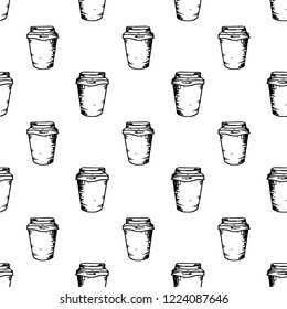 Seamless pattern hand drawn cup. Doodle black sketch. Sign symbol. Decoration element. Isolated on white background. Flat design. Vector illustration.
