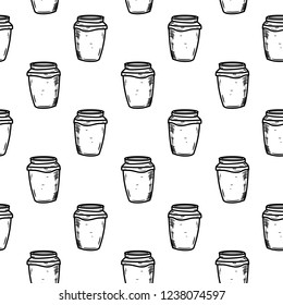 Seamless pattern hand drawn cup of coffee. Doodle black sketch. Sign symbol. Decoration element. Isolated on white background. Flat design. Vector illustration.