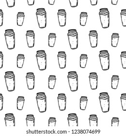 Seamless pattern hand drawn cup of coffee. Doodle black sketch. Sign symbol. Decoration element. Isolated on white background. Flat design. Vector illustration.
