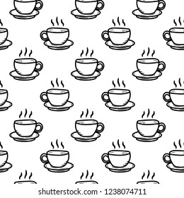Seamless pattern hand drawn cup of coffee. Doodle black sketch. Sign symbol. Decoration element. Isolated on white background. Flat design. Vector illustration.