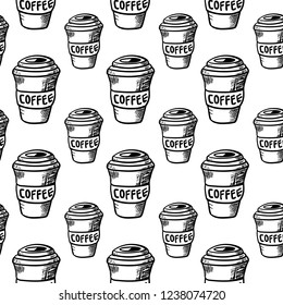 Seamless pattern hand drawn cup of coffee. Doodle black sketch. Sign symbol. Decoration element. Isolated on white background. Flat design. Vector illustration.