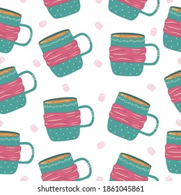Seamless pattern with hand drawn cup with hot coffee, cocoa and marshmallows on a white background. Doodle, simple illustration in the flat style. It can be used for decoration of textile, paper.
