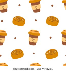 Seamless pattern with hand drawn cup of coffee to go and sweet cinnamon bun. Food, dessert or fall theme background. Vector illustration.