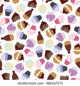 Seamless pattern with hand drawn cup cakes, vector illustration