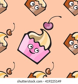 Seamless pattern with hand drawn cupcake, pastry, dessert and cherry. Vector background with pink and coffee muffins. Cherry and coffee cake cartoon picture. Print, package design, wrapping, textile