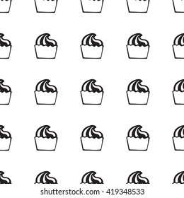 Seamless pattern with hand drawn cupcake, pastry, dessert. Vector background with muffins. Print, package design, wrapping, textile