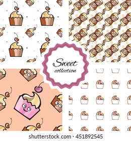 Seamless pattern with hand drawn cupcake, pastry, dessert and cherry. Vector background with pink and blue muffins. Print, package design, wrapping, textile