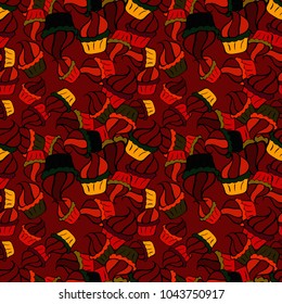 Seamless pattern hand drawn cupcakes. Red, black and brown color. Sweets background design. Vector illustration. Print for bakery.