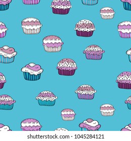 Seamless pattern hand drawn cupcakes. Print for bakery. Sweets background design. Blue, neutral and white color. Vector illustration.
