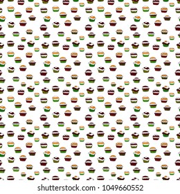 Seamless pattern hand drawn cupcakes. Print for bakery. White, red and green color. Vector illustration. Sweets background design.
