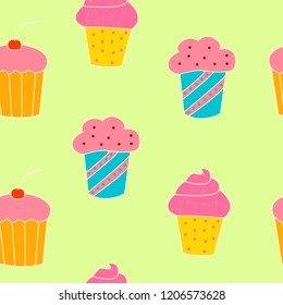 Seamless pattern with hand drawn cupcakes. Vector illustration in cartoon syle.