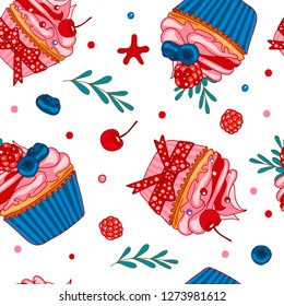 Seamless pattern with hand drawn cupcakes. Colorful decor repeat background. Vector illustration. Background for textile, post card, web. 