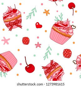 Seamless pattern with hand drawn cupcakes. Colorful decor repeat background. Vector illustration. Background for textile, post card, web. 