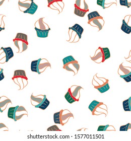 Seamless pattern hand drawn cupcakes. Vector illustration. Print for bakery. Sweets background design. Blue, white and yellow color.