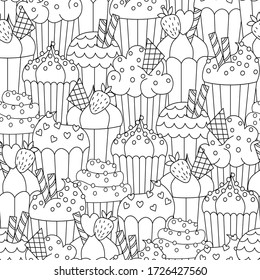 Seamless pattern with hand drawn cupcakes. Black and white background. For coloring book, wrapping, printing, fabric, textile. Vector illustration.